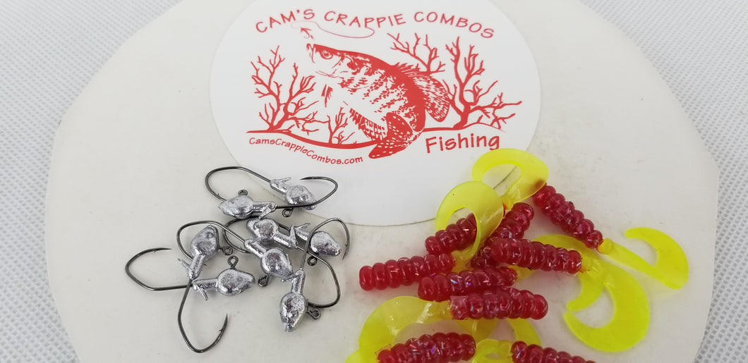 Cams Hooks & Plastics 80 Piece Set 1/16 Minnow Head B/N #2 Hook + Fireball Red Curly Tail